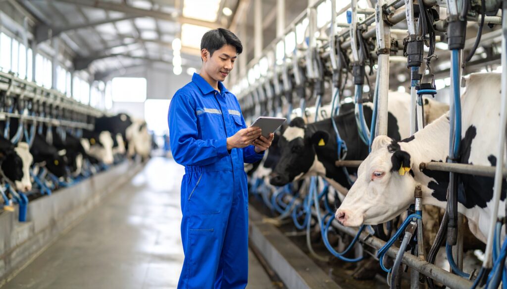 北海道の酪農現場でロボット搾乳機と牛を管理する若手酪農家