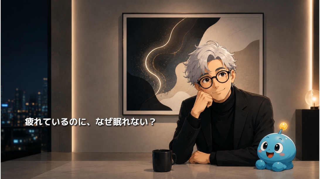 疲れているのに眠れない理由をテーマに、夜の室内で考えるHUEとルーモを描いたイラスト
