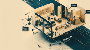 住宅の間取り図にカスタマージャーニー（傾聴→価値→Evidence→信頼）を重ねた編集ビジュアル