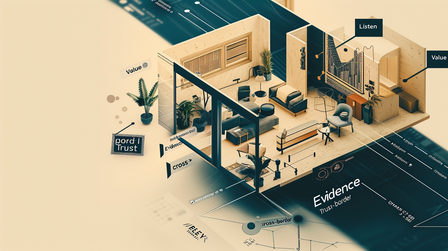 住宅の間取り図にカスタマージャーニー（傾聴→価値→Evidence→信頼）を重ねた編集ビジュアル