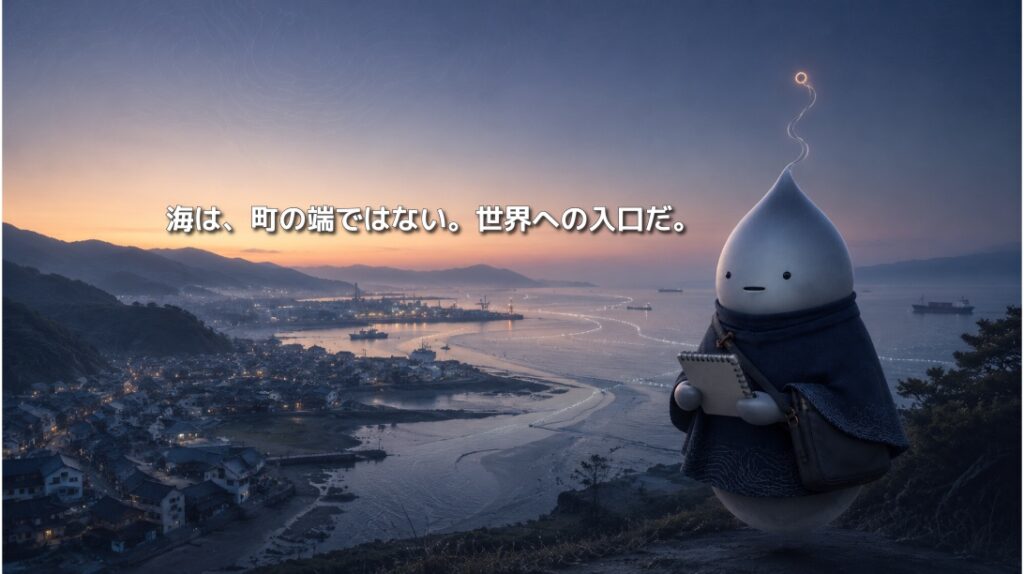 夜明けの港町と海を観測するNOLU。「海は、町の端ではない。世界への入口だ。」の文字