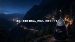 山の斜面を走る道路と遠方の町を観測するNOLU。「道は、距離を縮める。けれど、大地を分ける。」の文字