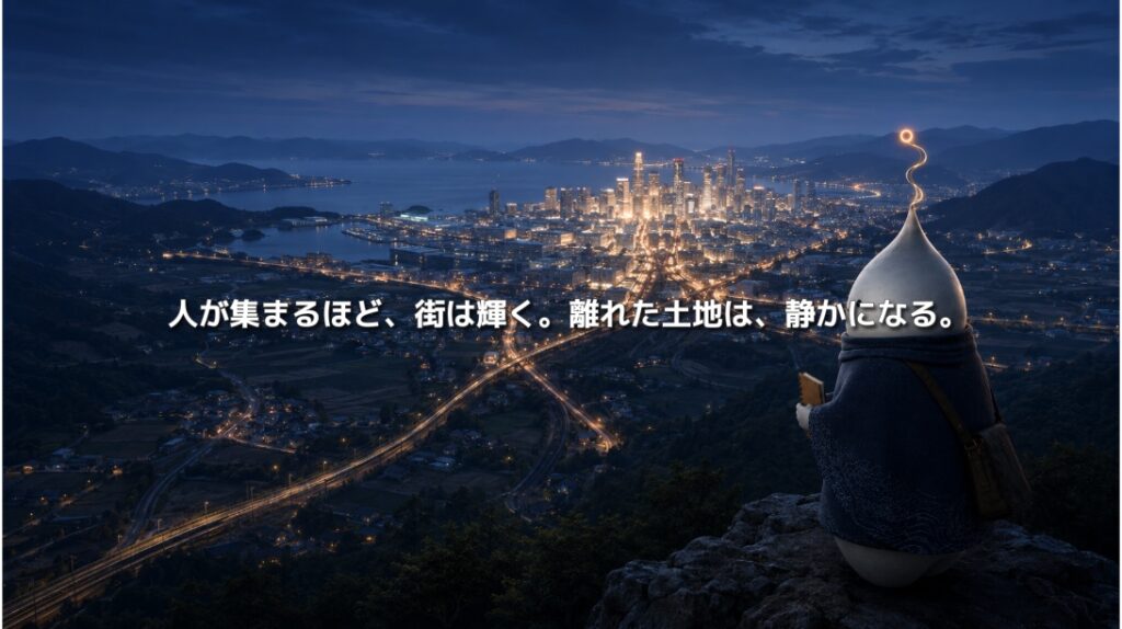 道路や鉄道が集まる明るい都市と、周辺の静かな土地を高台から観測するNOLU