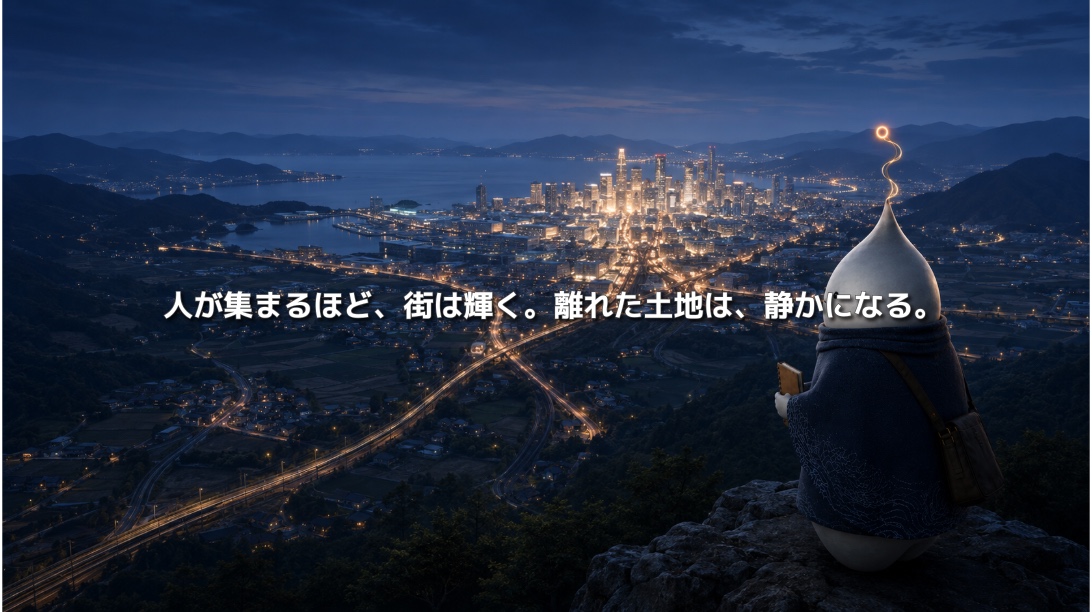 道路や鉄道が集まる明るい都市と、周辺の静かな土地を高台から観測するNOLU