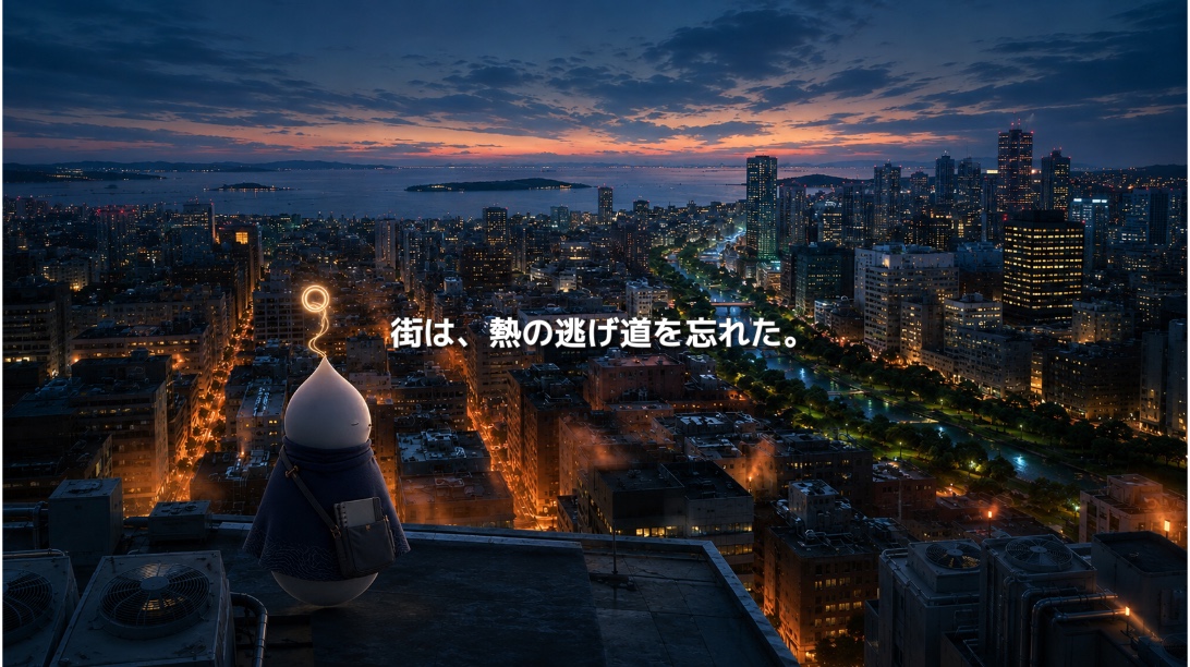 夕暮れの都市を屋上から観測するNOLU。熱を帯びた街並みと緑地を流れる川を背景に「街は、熱の逃げ道を忘れた。」と表示されている