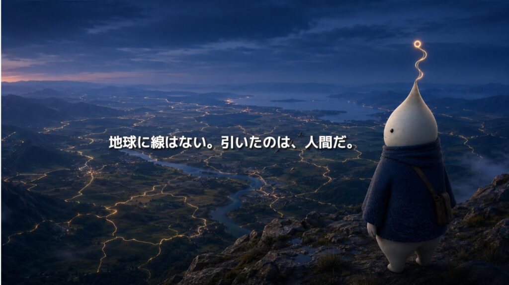 光る境界線で区切られた大地を見下ろすNOLU。「地球に線はない。引いたのは、人間だ。」の文字