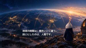 世界各地を結ぶ光の線と夜明けの地球を、山上から観測するNOLU