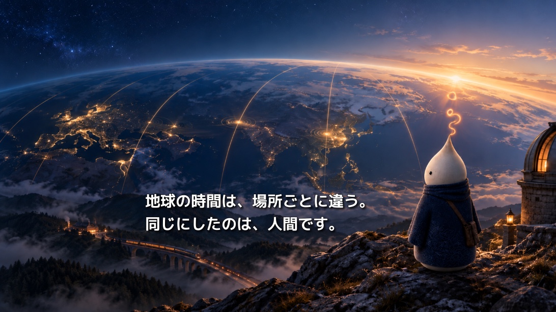世界各地を結ぶ光の線と夜明けの地球を、山上から観測するNOLU