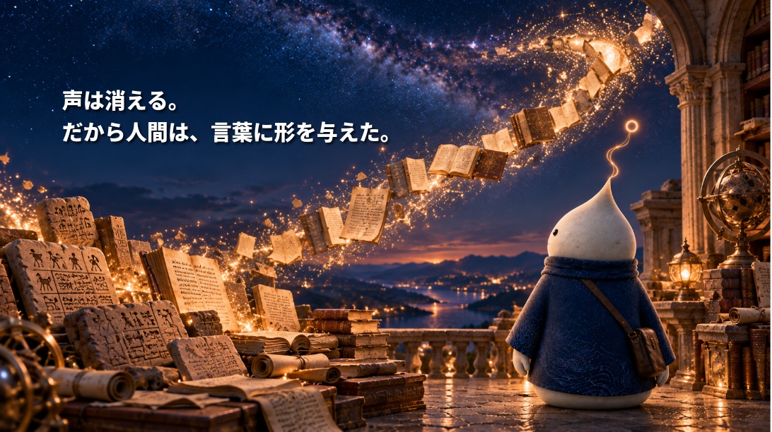 粘土板や書物が光となって空へ昇る様子を見つめるNOLU