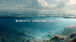 青い海の水面と海中のサンゴ礁を通して、海洋酸性化による見えない化学変化を表現した風景