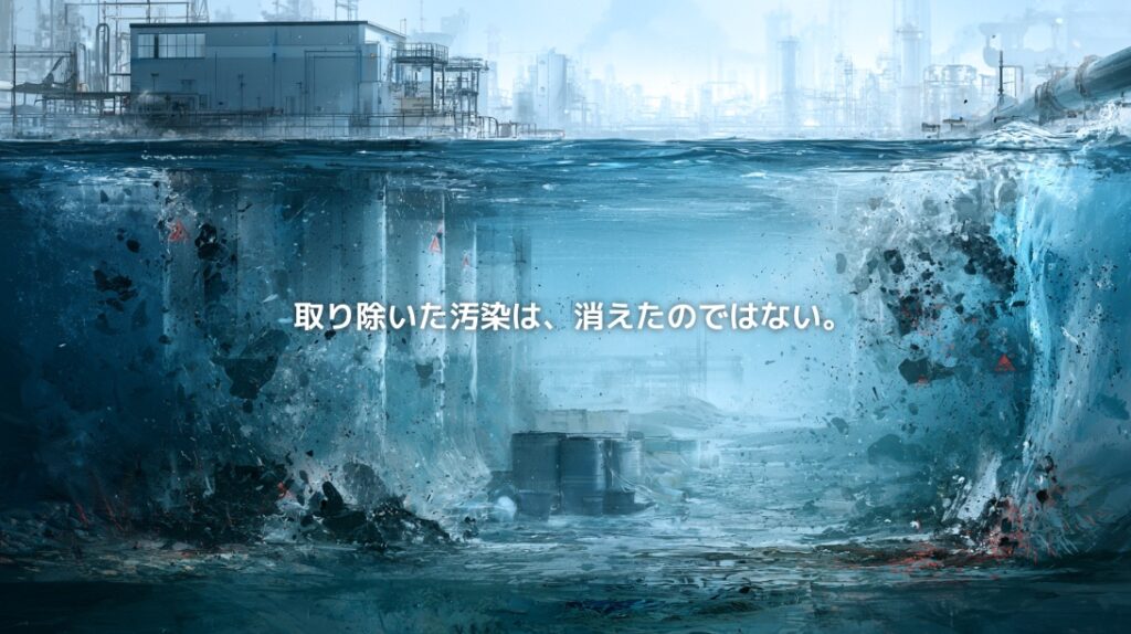 浄水施設の地下にPFASを含む汚染物質が集積する様子を描き、水から除去した後も残る汚染を表現したイメージ