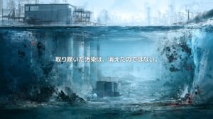 浄水施設の地下にPFASを含む汚染物質が集積する様子を描き、水から除去した後も残る汚染を表現したイメージ