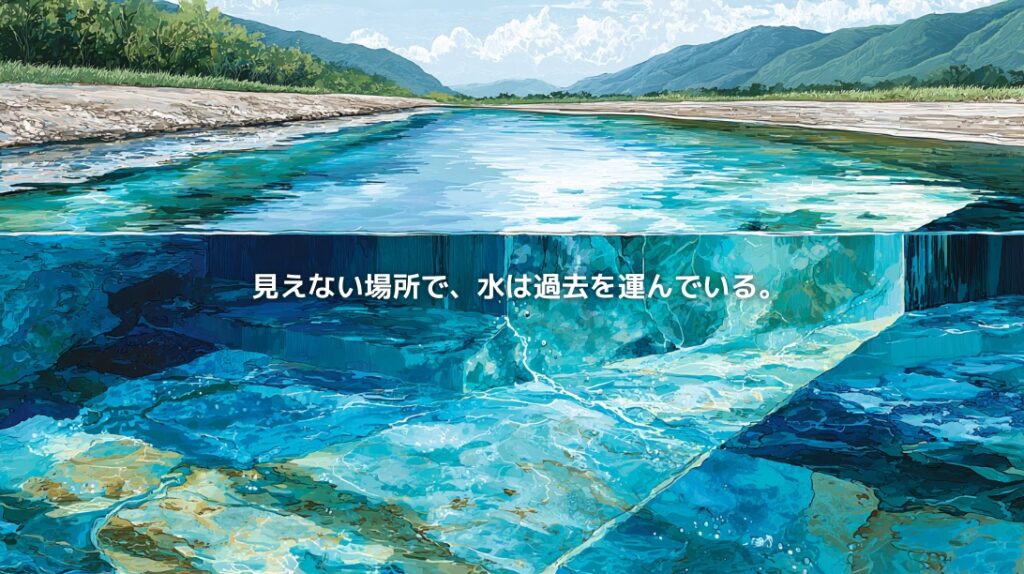 山間を流れる川と地下水の断面を描き、見えないPFAS汚染を表現したイラスト