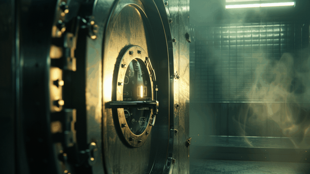 金庫の静けさと、等高線のように流れるUI。境界の内側で“知”が循環するオンプレミスAIの象徴的ビジュアル