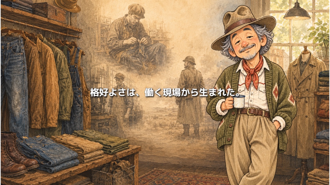 デニムや作業着が並ぶ古着店に立つパッチおじさんと、働く人々の記憶。「格好よさは、働く現場から生まれた。」と描かれたイラスト