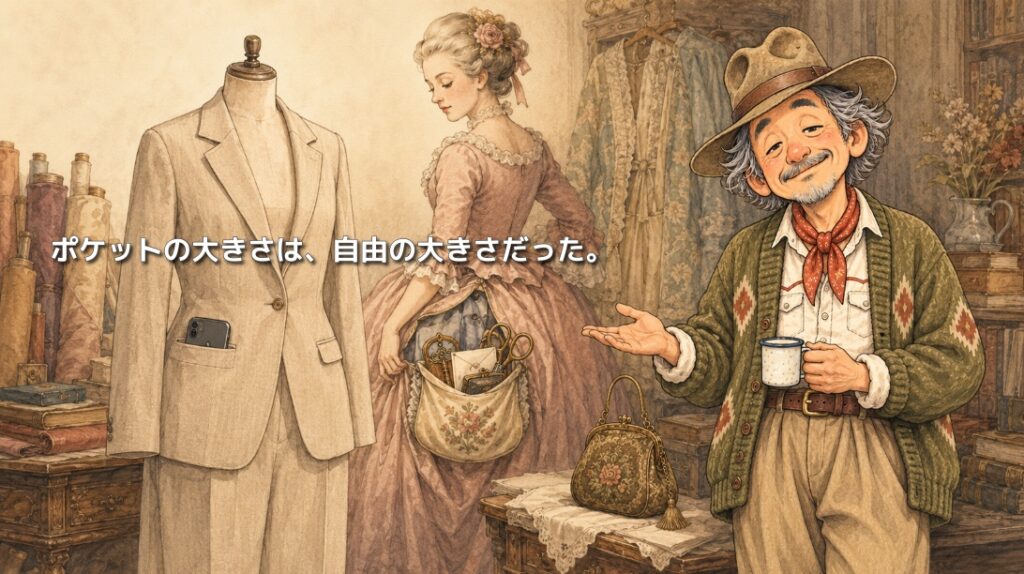 浅いポケットの現代女性服と、大きな腰下げポケットを使う18世紀の女性を紹介するパッチおじさん。「ポケットの大きさは、自由の大きさだった。」と描かれたイラスト