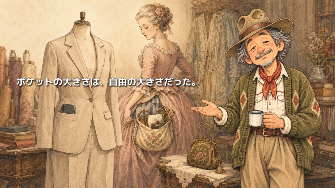 浅いポケットの現代女性服と、大きな腰下げポケットを使う18世紀の女性を紹介するパッチおじさん。「ポケットの大きさは、自由の大きさだった。」と描かれたイラスト