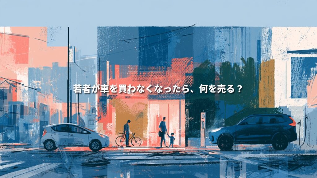 街並みにコンパクトカーとSUV、自転車を押す人、手をつなぐ親子を描いたイラスト。「若者が車を買わなくなったら、何を売る？」の文字。
