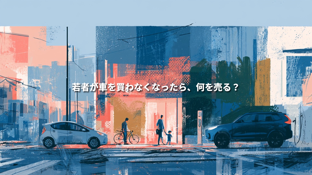 街並みにコンパクトカーとSUV、自転車を押す人、手をつなぐ親子を描いたイラスト。「若者が車を買わなくなったら、何を売る?」の文字。