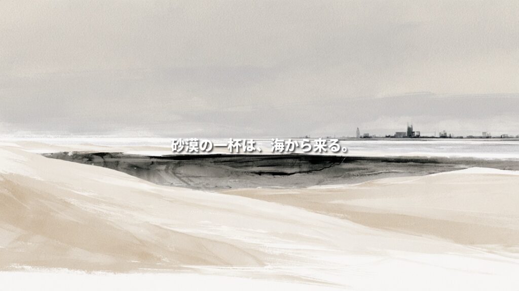 llustration of desert dunes overlooking the sea and a distant city in the United Arab Emirates, representing the country's reliance on seawater desalination.