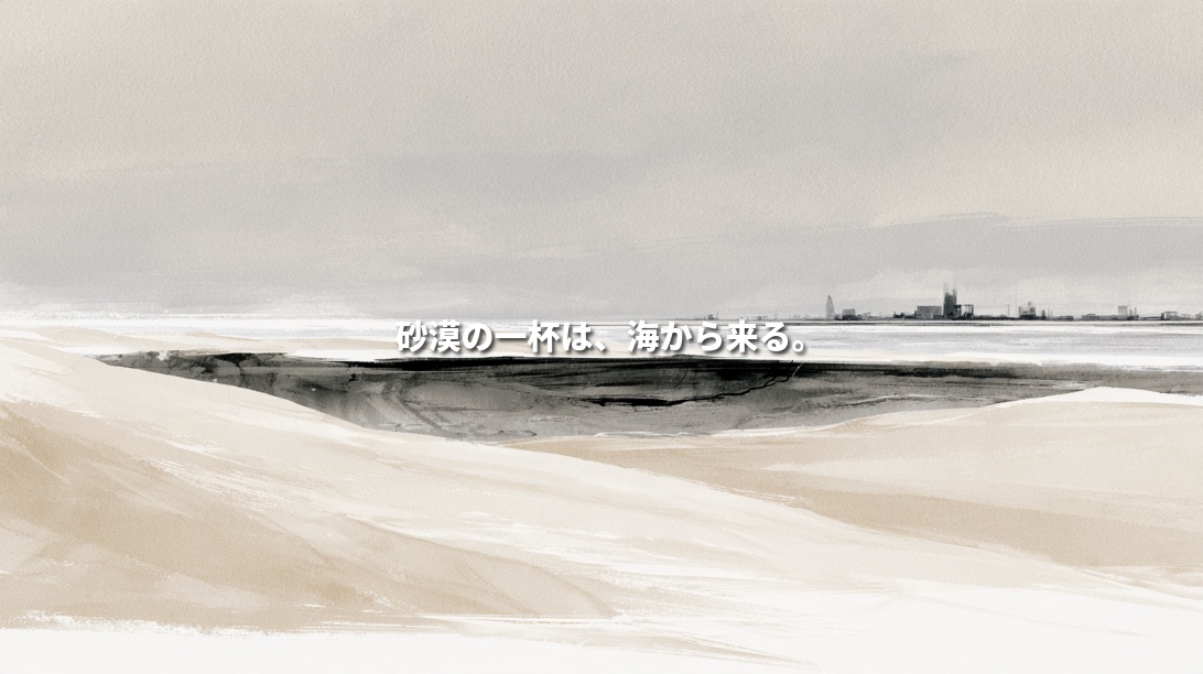 llustration of desert dunes overlooking the sea and a distant city in the United Arab Emirates, representing the country's reliance on seawater desalination.