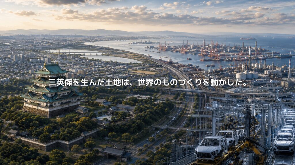 名古屋城、名古屋港、工業地帯、自動車製造ラインを一つの風景として表現した愛知県の地政学イメージ
