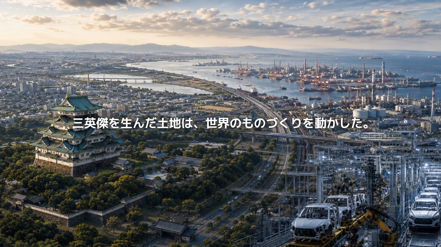 名古屋城、名古屋港、工業地帯、自動車製造ラインを一つの風景として表現した愛知県の地政学イメージ