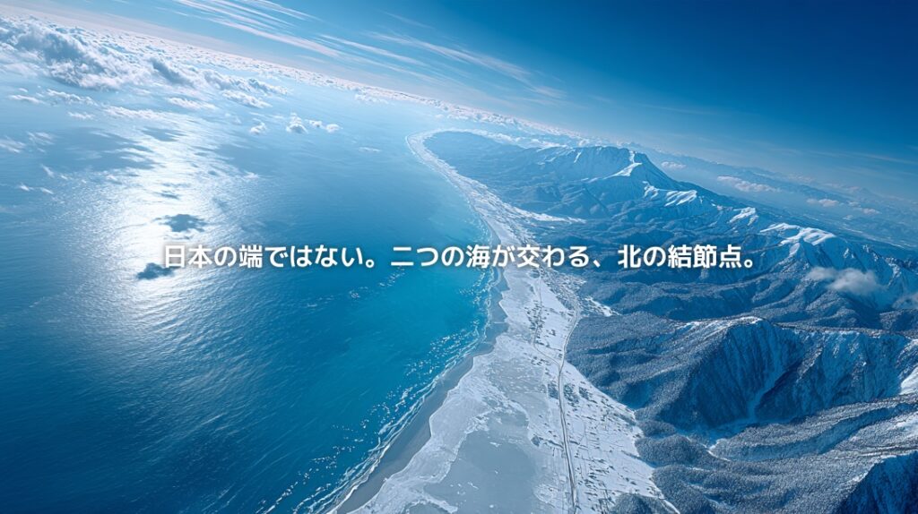 日本海と太平洋に挟まれ、雪に覆われた山地と海岸線が広がる青森県の地政学イメージ