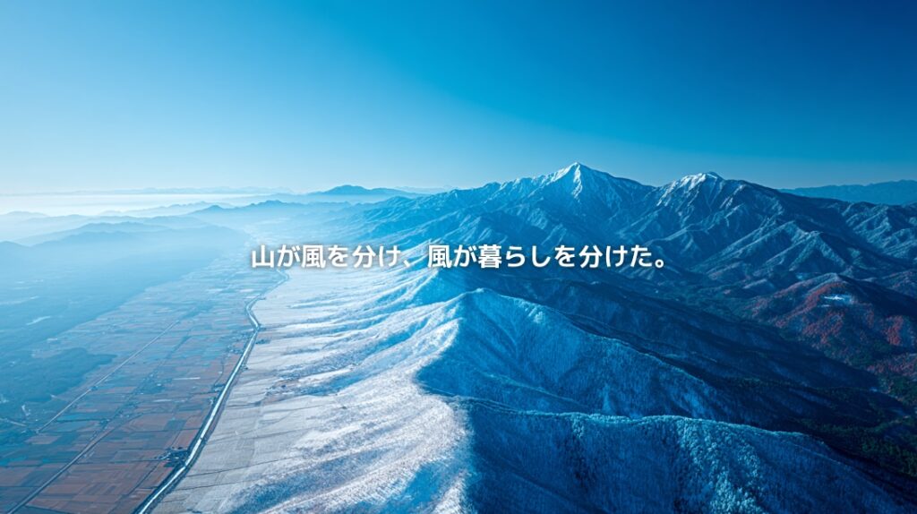 奥羽山脈を境に、雪に覆われた津軽地方と色づく南部地方の山地を対比した青森県の地域イメージ