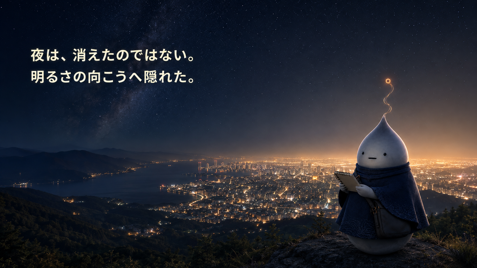星空と都市の夜景を高台から観測するNOLU。「夜は、消えたのではない。明るさの向こうへ隠れた。」の文字