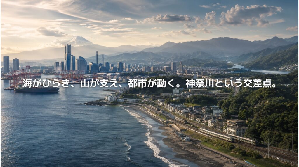 神奈川県の海岸線、横浜港の都市風景、湘南の海、鉄道、丹沢・箱根の山並みが重なる風景。海と山と都市が交差する神奈川の地政学を表現したアイキャッチ画像。