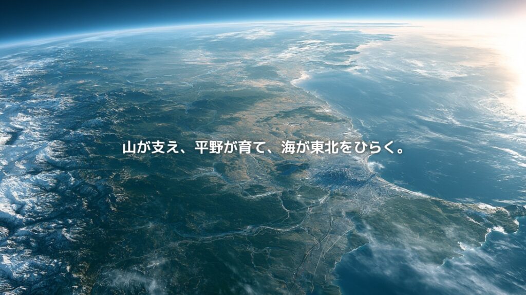奥羽山脈から仙台平野、仙台湾へ連なる地形を宇宙から俯瞰した宮城県の地政学イメージ