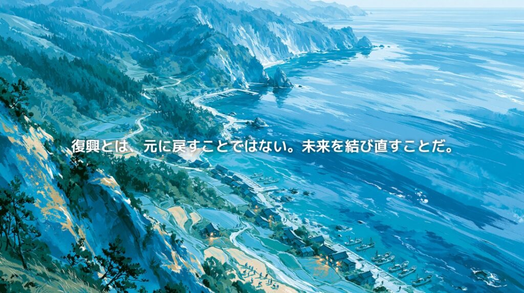 日本海に面する能登半島の海岸線と漁村、里山を結ぶ道路を描いた復興のイメージ