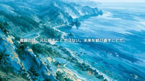 日本海に面する能登半島の海岸線と漁村、里山を結ぶ道路を描いた復興のイメージ