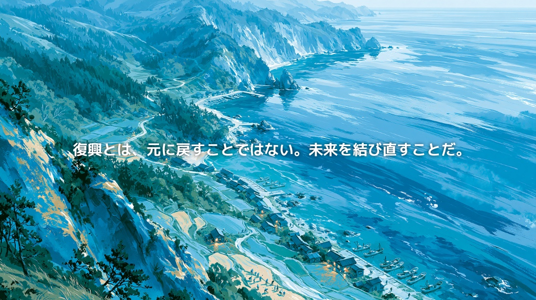 日本海に面する能登半島の海岸線と漁村、里山を結ぶ道路を描いた復興のイメージ