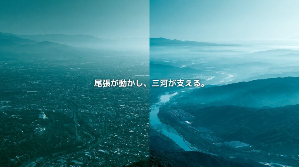 尾張の都市景観と三河の河川・山地を左右に対比し、二つの地域性を表現した愛知県の地政学イメージ