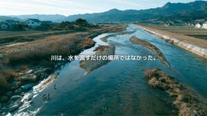 自然に近い川とコンクリート護岸された川が並ぶ、山あいの河川風景