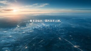 朝日に照らされた仙台市街と、東北各地から都市へ集まる交通網を俯瞰した地政学イメージ
