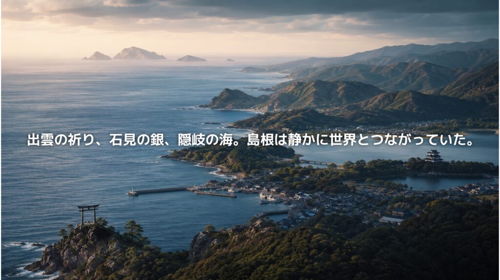 日本海に面した島根県の海岸線、山並み、港町、湖、鳥居、城を俯瞰した風景。出雲の祈り、石見銀山、隠岐の海など、島根の地政学を象徴的に表現したアイキャッチ画像。