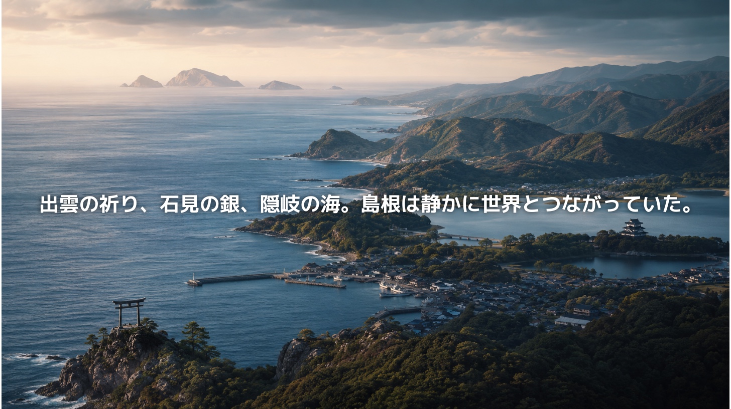 日本海に面した島根県の海岸線、山並み、港町、湖、鳥居、城を俯瞰した風景。出雲の祈り、石見銀山、隠岐の海など、島根の地政学を象徴的に表現したアイキャッチ画像。