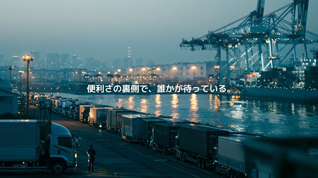 東京湾のコンテナターミナルで列をつくるトラックと港湾クレーンを背景に、「便利さの裏側で、誰かが待っている。」と記されたアイキャッチ画像