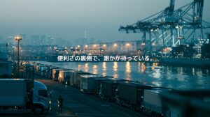 東京湾のコンテナターミナルで列をつくるトラックと港湾クレーンを背景に、「便利さの裏側で、誰かが待っている。」と記されたアイキャッチ画像