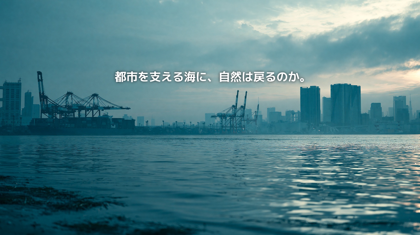 東京湾の港湾施設と高層ビル群を望む水辺に「都市を支える海に、自然は戻るのか。」と記されたアイキャッチ画像