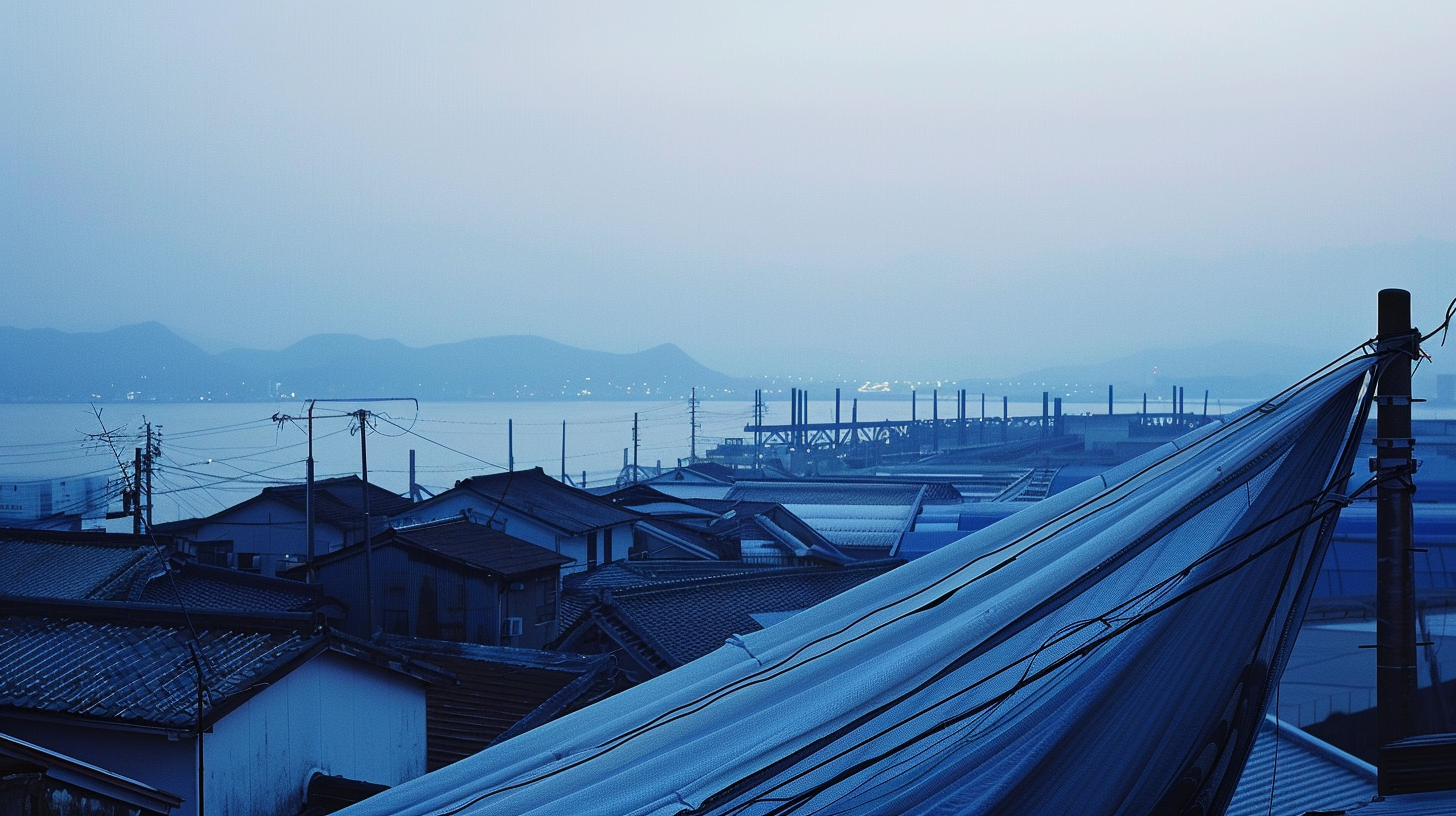 瀬戸内の海と工場屋根の遠景、手前で風に揺れる藍染布を捉えた情景（岡山・児島イメージ）
