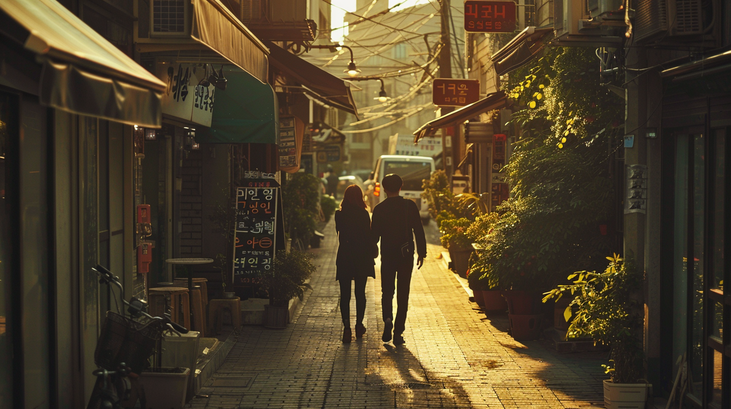 夕方の延南洞の路地を歩く2人のシルエット。小さなカフェと植木が並ぶ静かな通り（ソウル）