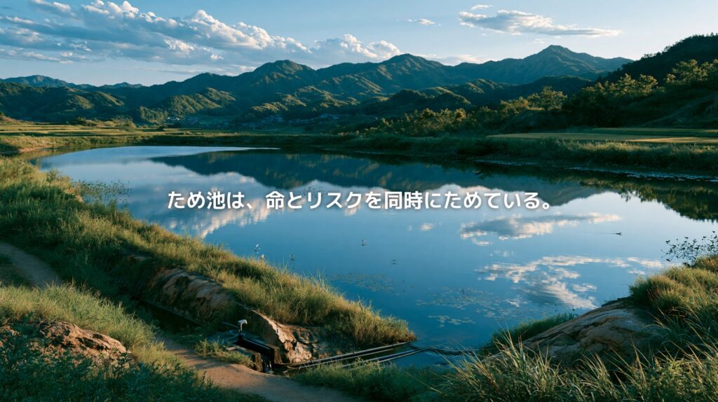 山あいの里山にあるため池と、周囲に広がる草地や山並みの風景