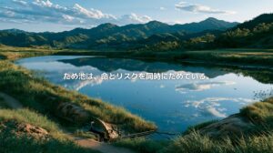 山あいの里山にあるため池と、周囲に広がる草地や山並みの風景