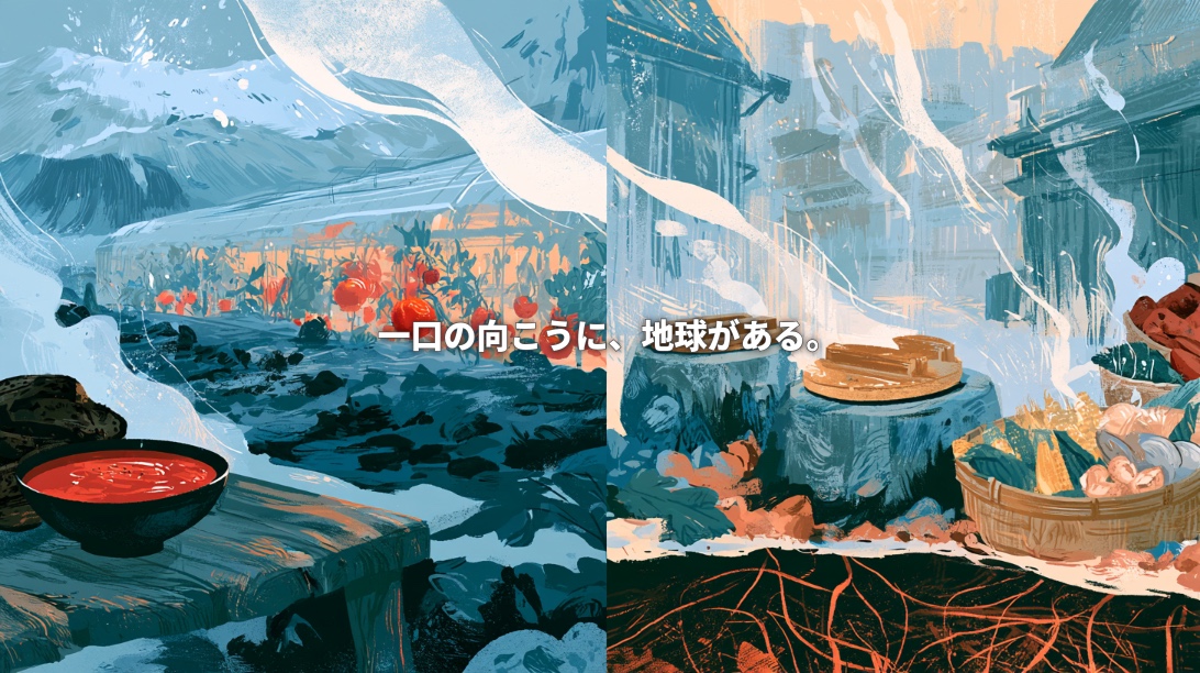 Illustration of an Icelandic tomato greenhouse and soup beside Beppu’s geothermal steam cooking, linked by rising steam. Japanese text reads, “Beyond a single bite lies the Earth.”