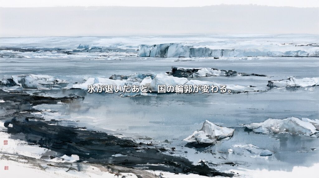 アイスランドの氷河湖に浮かぶ氷塊と、後退する氷河。手前には黒い大地が広がり、「氷が退いたあと、国の輪郭が変わる。」の文字が重なる水墨画風のイラスト