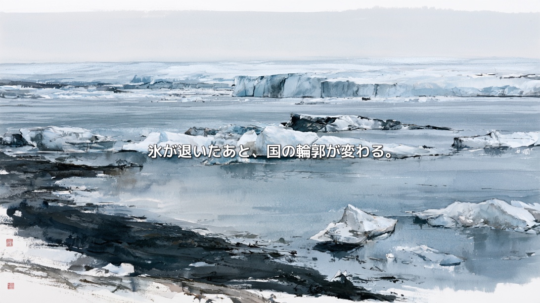 アイスランドの氷河湖に浮かぶ氷塊と、後退する氷河。手前には黒い大地が広がり、「氷が退いたあと、国の輪郭が変わる。」の文字が重なる水墨画風のイラスト
